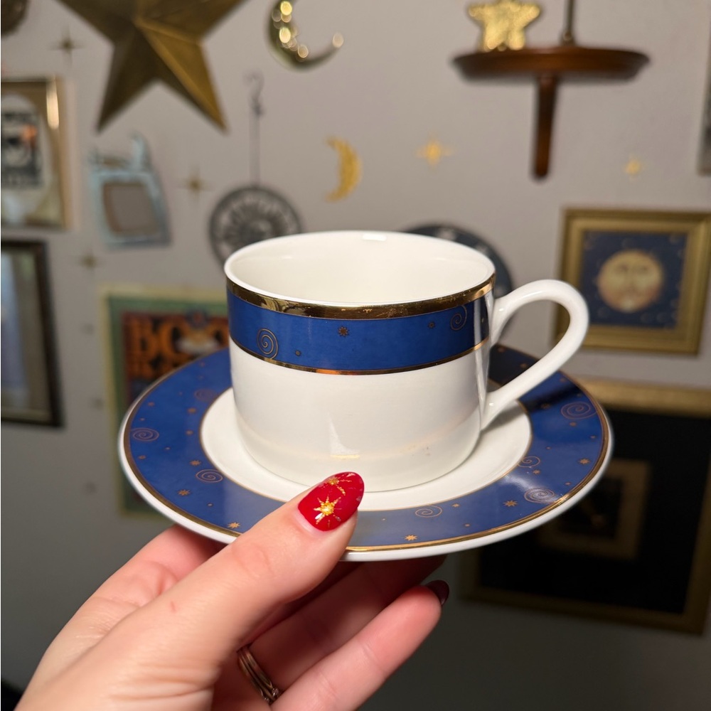 Vintage Blue and Gold Swirl Star Teacup and Saucer Set